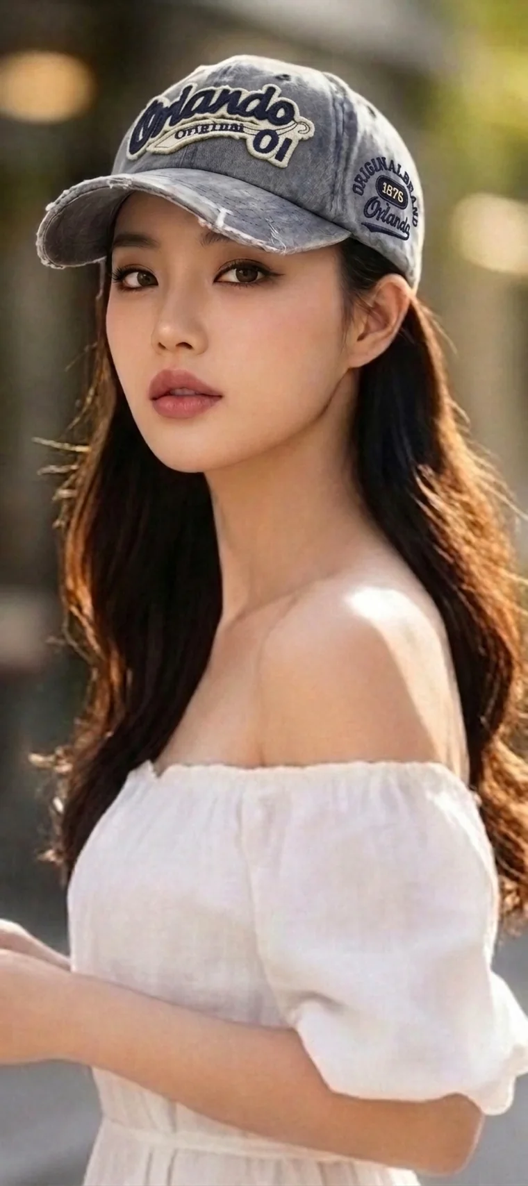 여름 햇살 아래 태가 볼캡을 쓴 여성